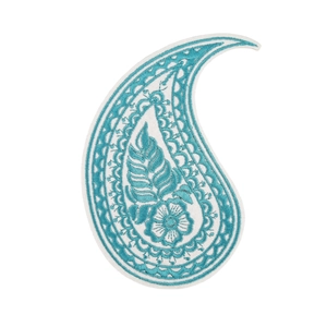 Teal Paisley henna style embroidered patch with white floral details on white background