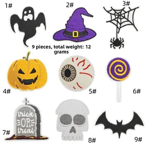 Detailed embroidery texture of 9 Halloween patches including ghost pumpkin and bat