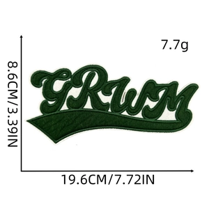Detail of green GRWM chenille letter patch showing dimensions 19.6cm by 8.6cm on white background
