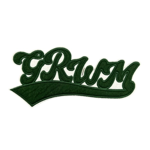 Chenille embroidery patch featuring green and white GRWM letters for clothing decoration