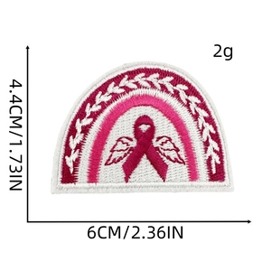 Pink ribbon breast cancer awareness embroidered patch with wings and leaf border decoration