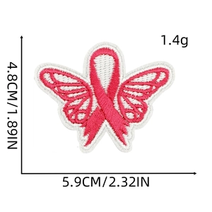 Pink ribbon butterfly embroidery patch for breast cancer awareness, size 4.8cm x 5.9cm