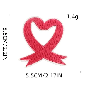 Pink ribbon heart embroidery patch showing dimensions 5.6cm height and 5.5cm width
