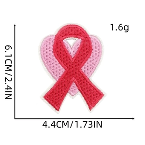 Detailed high-density embroidery patch of Pink Ribbon showing size 6.1cm and 1.6g weight