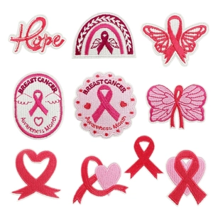 Pink Ribbon Breast Cancer Awareness Embroidered Patches Hope Heart Butterfly Iron On Applique For Clothing Hats Bags Decoration