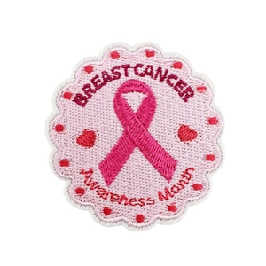 Breast Cancer Awareness Month pink ribbon embroidered patch with red heart details