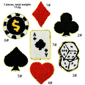 Set de 7 parches de chenilla tema casino con motivos de póker, dados y lentejuelas