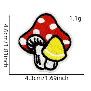 Detailed macro view of mushroom embroidery patch with size dimensions 4.6cm by 4.3cm