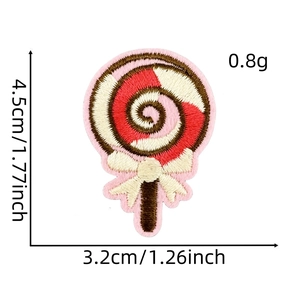 Embroidered lollipop patch with red spiral details and 4.5cm size dimensions shown