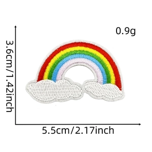 Detailed view of rainbow embroidery patch with dimensions 5.5cm x 3.6cm and white clouds