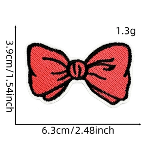Red bow embroidered patch detail with size measurements 6.3cm x 3.9cm for DIY decor