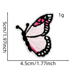 Detail view of pink butterfly embroidered patch with dimensions 5cm x 4.5cm and black borders