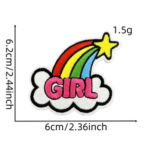 Detailed embroidery texture of rainbow star cloud patch with GIRL text and dimensions
