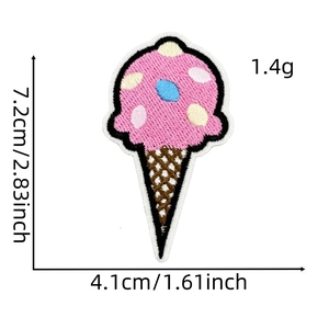Detail of ice cream cone embroidery patch with pink scoop and dimensions displayed