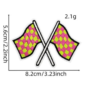 Detail showing dimensions of pink and lime green checkered crossed flags embroidery patch