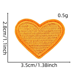 Detail of orange heart embroidery patch with dimensions showing 2.8cm height and 3.5cm width