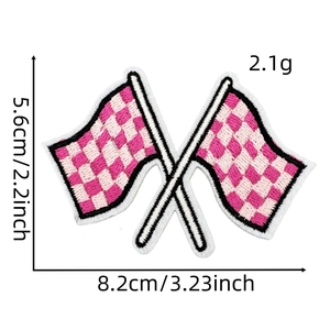 Pink checkered embroidered iron-on patch with crossed flag design for DIY clothing
