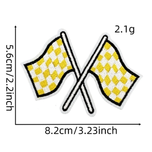 Detailed view of yellow checkered racing flag embroidery patch with size measurements