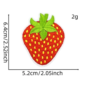 Detail showing red strawberry embroidered patch with exact 6.4cm by 5.2cm dimensions