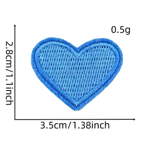 Blue heart embroidery patch with detailed size measurements 3.5cm x 2.8cm