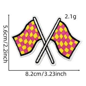 Crossed checkered racing flags embroidery patch in pink and yellow with size and weight