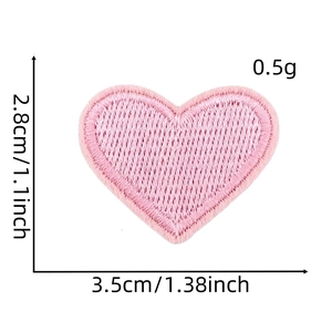 Pink heart embroidered patch with dimensions 3.5cm by 2.8cm and weight details