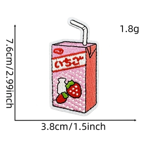 Detail view of strawberry milk box embroidery patch with precise size measurements