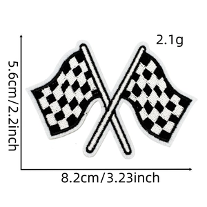 Detailed view of crossed racing flag embroidery patch with precise size and weight metrics