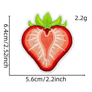 Detail showing dimensions and weight of strawberry embroidered iron on patch