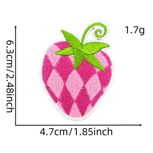 Cartoon strawberry embroidery patch for clothes with detailed pink lattice pattern