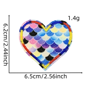 Rainbow heart embroidery patch with mermaid scale sequins and dimensions display