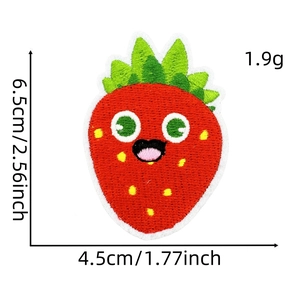 Detailed view of strawberry embroidered patch showing dimensions 6.5x4.5cm and 1.9g weight
