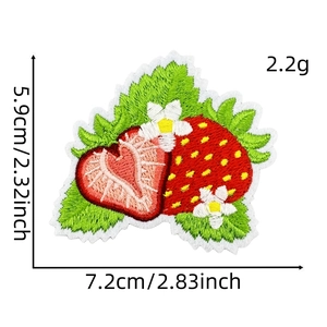 Detailed size chart of strawberry embroidery patch measuring 7.2cm by 5.9cm in size