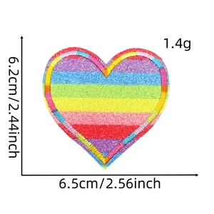Detailed size specifications for rainbow heart embroidery patch showing 6.5cm width and 6.2cm height