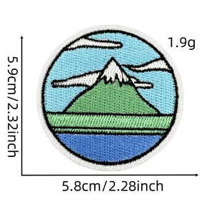Detailed size chart showing 5.9cm height of the mountain scenery embroidered patch