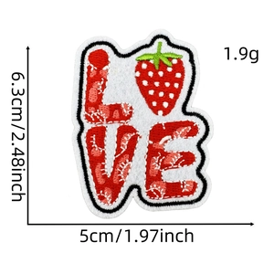 Detail showing LOVE embroidery patch with strawberry design and dimensions 6.3cm by 5cm