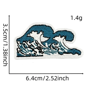 Macro detail of Great Wave embroidery patch showing fine blue and white stitching texture
