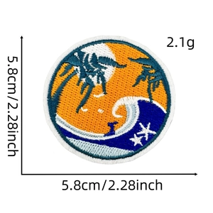 Detail view of round landscape embroidery patch showing 5.8cm diameter and weight 2.1g