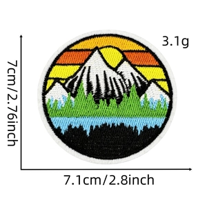 7cm round embroidered outdoor patch featuring mountain and forest nature landscape