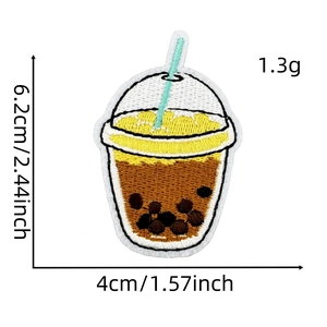 Detailed embroidery of bubble tea patch with size measurements 6.2cm by 4cm
