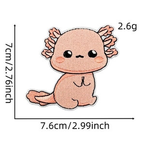 Pink axolotl embroidery patch with size dimensions 7x7.6cm and 2.6g weight display