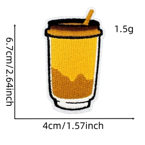 Detailed view of yellow coffee cup embroidered patch showing size 6.7cm by 4cm
