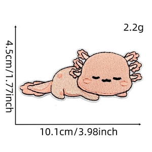 Cute pink axolotl dinosaur embroidered patch for clothing with measurement display