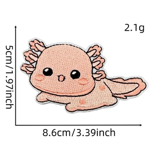 Detailed pink cartoon axolotl embroidery patch with dimensions 5cm x 8.6cm for clothing