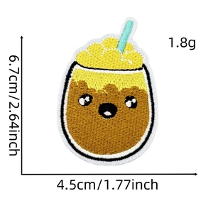 Detailed view of bubble tea embroidery patch showing dimensions 6.7cm and texture