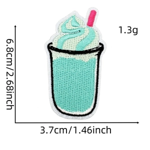 Detail view showing embroidered ice cream patch texture with height and width dimensions
