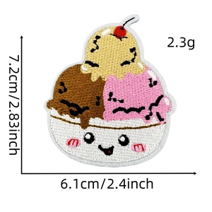 Close-up of embroidered cartoon ice cream patch with cherry on top and cute expression