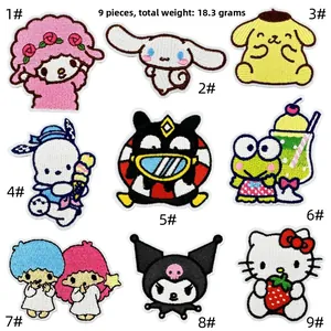 Detailed set of 9 Sanrio character embroidery patches including Hello Kitty and Kuromi