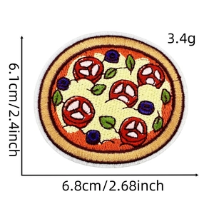 Detail view of round pizza embroidery patch showing 6.1cm by 6.8cm size dimensions