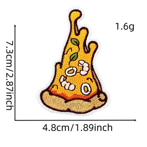 Detailed view of pizza embroidery patch showing dimensions of 7.3x4.8cm and 1.6g weight